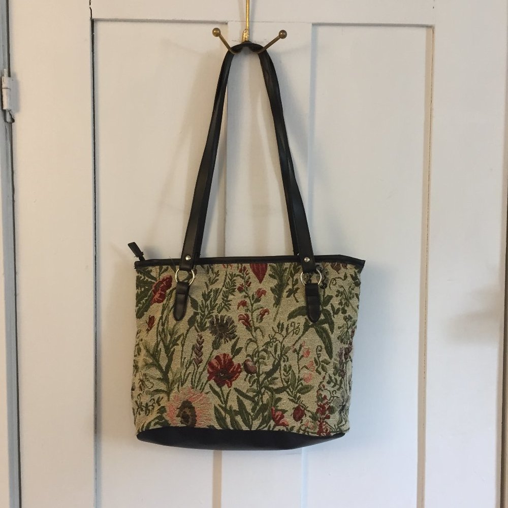 Granny Style Vintage Floral Fabric Tote Bag- Double Strap - Cream & Black